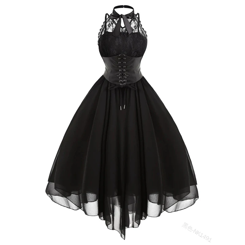 

2023 Women Gothic Punk Vintage Party Dresses Sleeveless Cross Back Lace Patchwork Halter Lace Up Court Corset Swing Dress