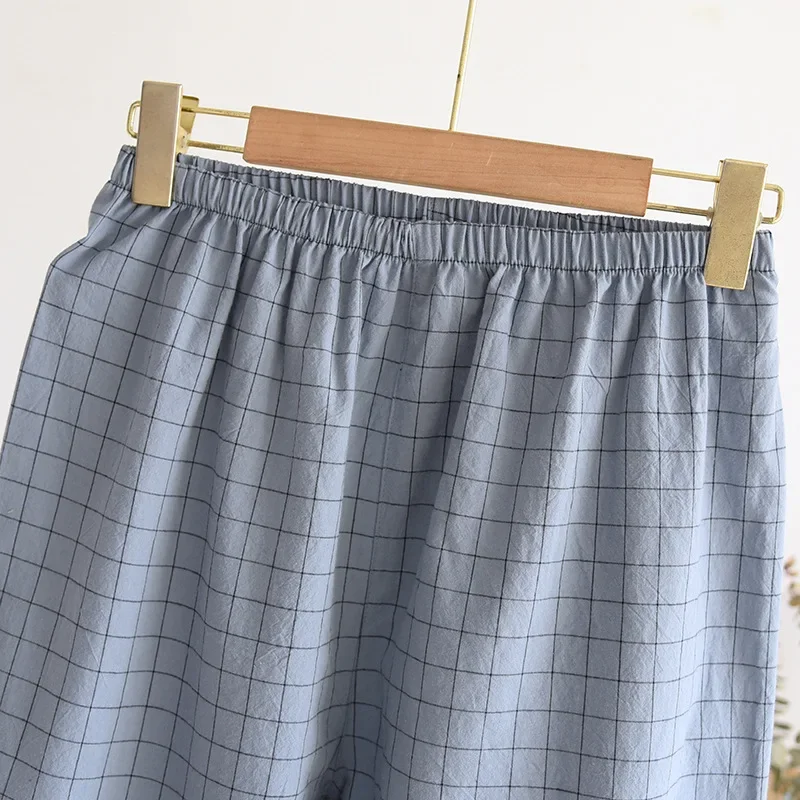 Men Trousers Pajamas Set Spring Summer Thin Plaid Design Cotton Fabric Short Sleeved Long Pants