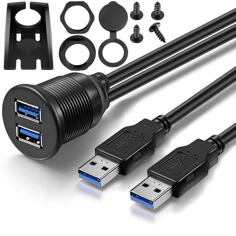 Dual USB 3.0 Male To USB 3.0 Female Extension Cable with Flush Mount Panel for Car Truck Boat Motorcycle waterproof flush mount usb dock adapter dashboard pan usb 3 0 port male to female extension cable for car motorcycle