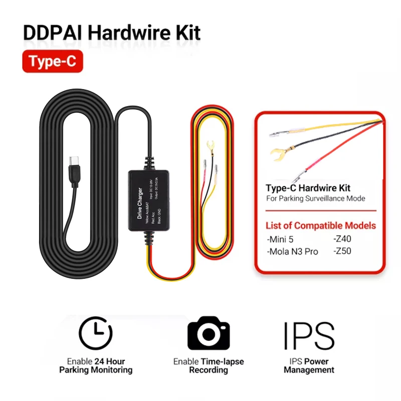Фото Автомобильное зарядное устройство USB Type-C для DDPAI Mini 5 12/24 В, 4 м, комплект из жесткого провода для DDPAI Mini 5/ Z40 / Z50 / Mola N3 Pro, видеорегистратор №1