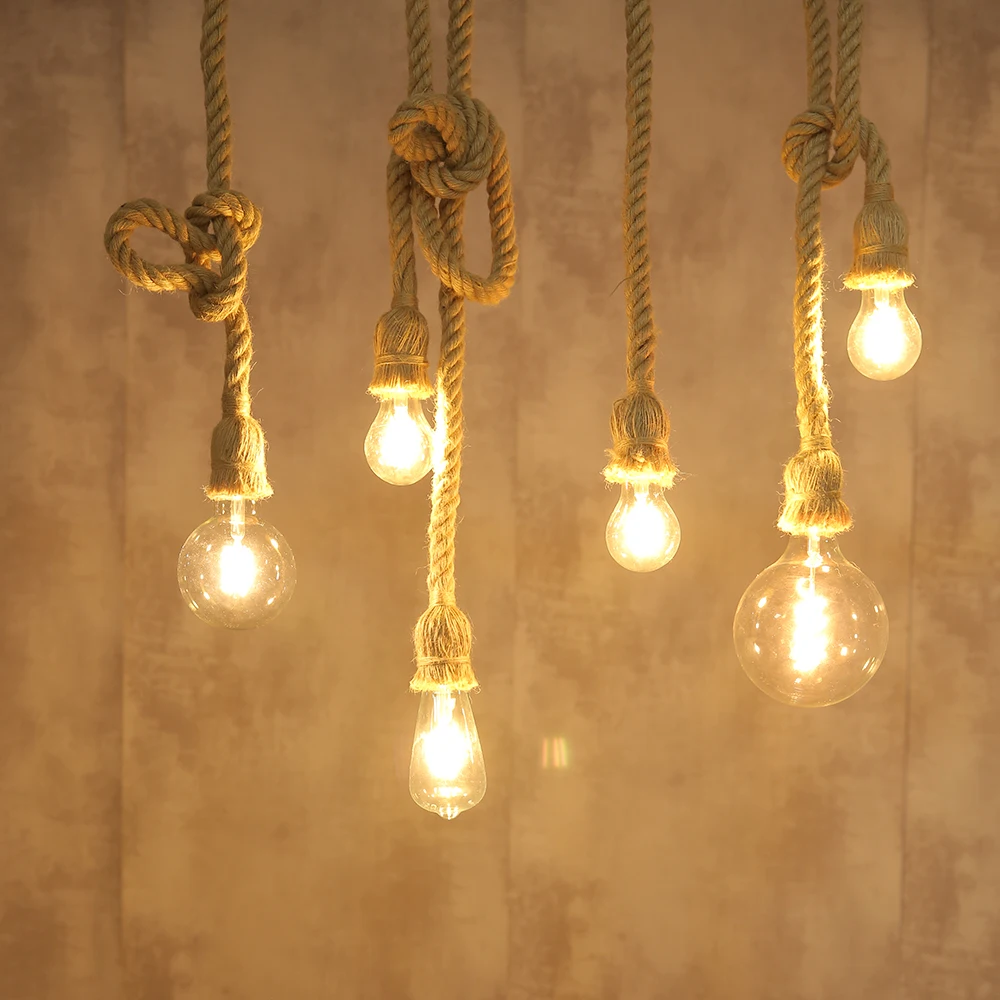 

Vintage Retro Hemp Rope Pendant Lights Industrial Chandeliers Creative Hanging Lamp Bar Kitchen Coffee Loft Lighting Fixtures