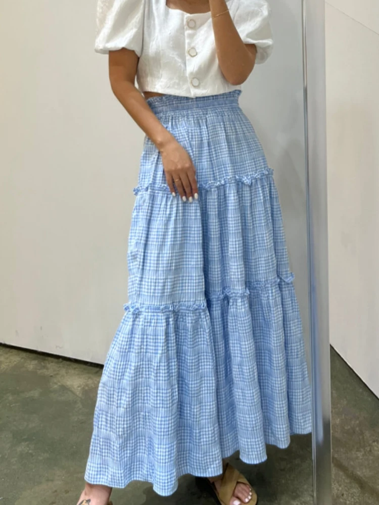 Qiukichonson Long Skirt Womens Plaid Skirt 2023 Korean Style Vintage Summer High Waisted High Low Ruched Ruffle Skirts rok