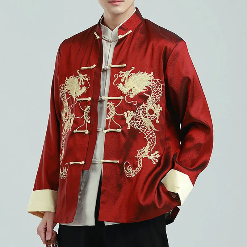 Men Embroidered Tops Chinese Traditional Phoenix Printed Clothes Dragon Tang Suit Clothing Long Sleeve Festival New Year Jacket men chinese style shirt