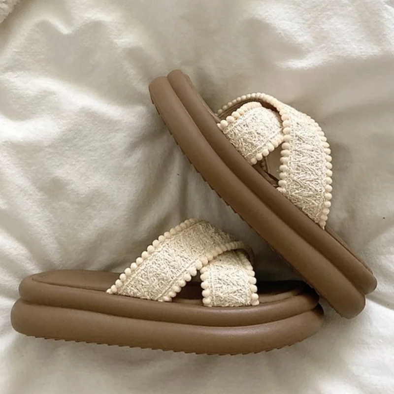 Women's Korean Style Crisscross Fabric Strap Platform Slippers, Pom Pom Trim Chunky Sole Outdoor Summer Slide Sandals 5