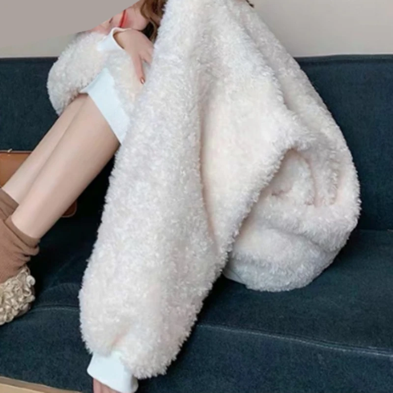 Fleece Sweatshirts for Women Autumn 2023 Loose O Neck Long Sleeve Pullover Female Faux Lamb Wool Plush Warm Furry Tops White