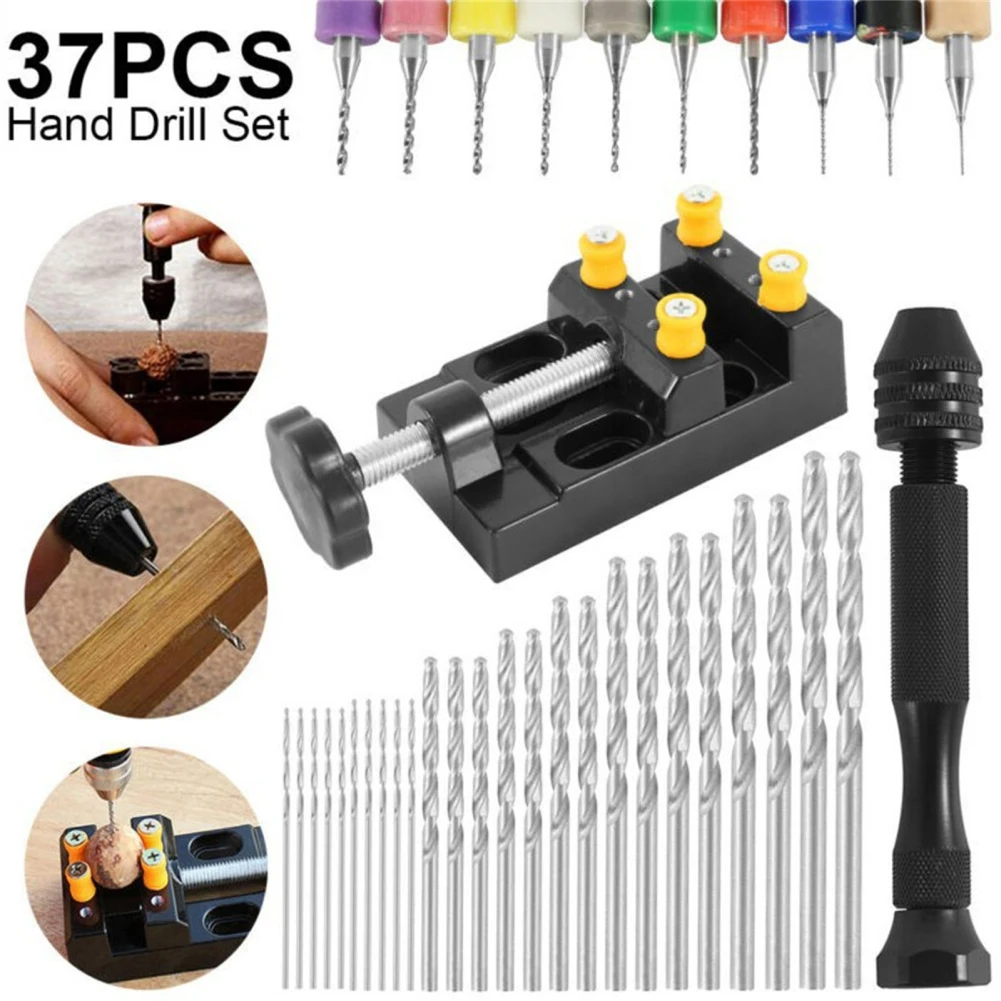 

37PCS Pin Vises Hand Drill Bits Set Mini Twist Drill Bit Pin Vise Hand Drill Bench Vice For Jewelry Making Craft Carving DIY