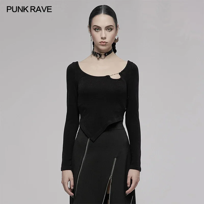 

PUNK RAVE Women's Punk Daily Asymmetric Cross Chain Long Sleeve T-shirt Sexy Opening Neckline Woman Tops Spring/AUtumn