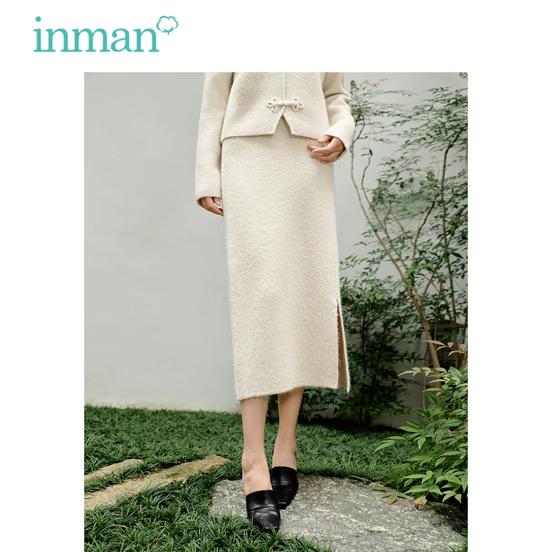 INMAN Women Wool Woven Skirt 2023 Autumn High Waist A-shaped Slim Stretch Split Hem Chinese Style Retro Versatile Long Skirt imakokoni s original woven polka shorts loose five point knitted pants elastic waist versatile women s casual pants 234051