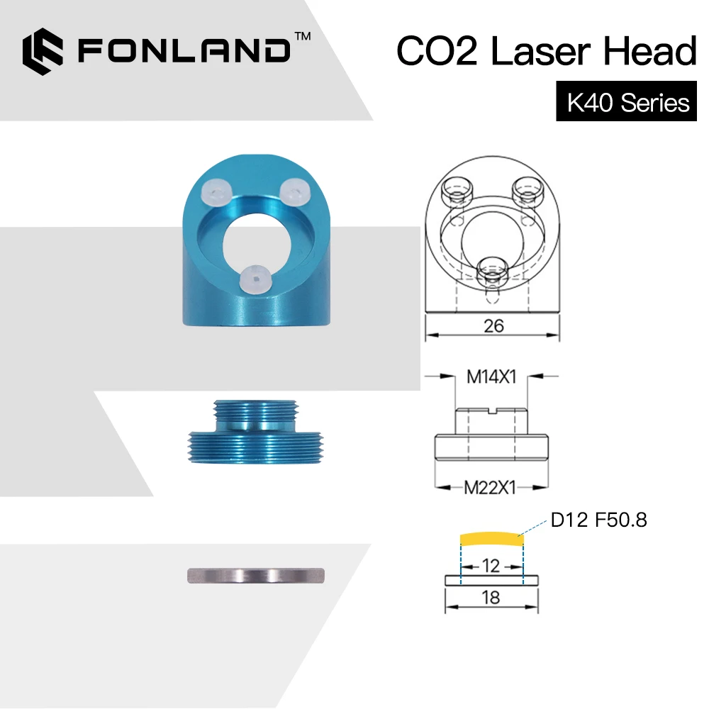 FONLAND CO2 레이저 헤드, K40 시리즈 레이저 조각 절단기, 렌즈 직경 12mm, 15mm, 18mm, 초점 길이 50.8mm 미러 20mm