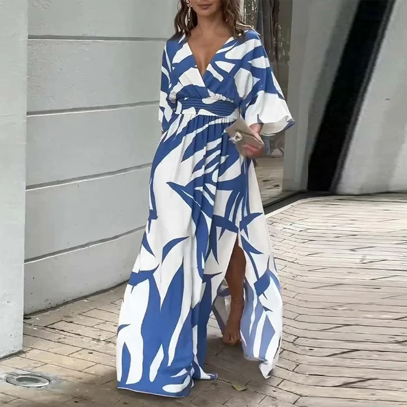 

Commute Deep V-Neck 3/4 Sleeve Office Dress New Elegant 2024 Printed High Waist Women Long Dress Spring Slit Hem Female Dress