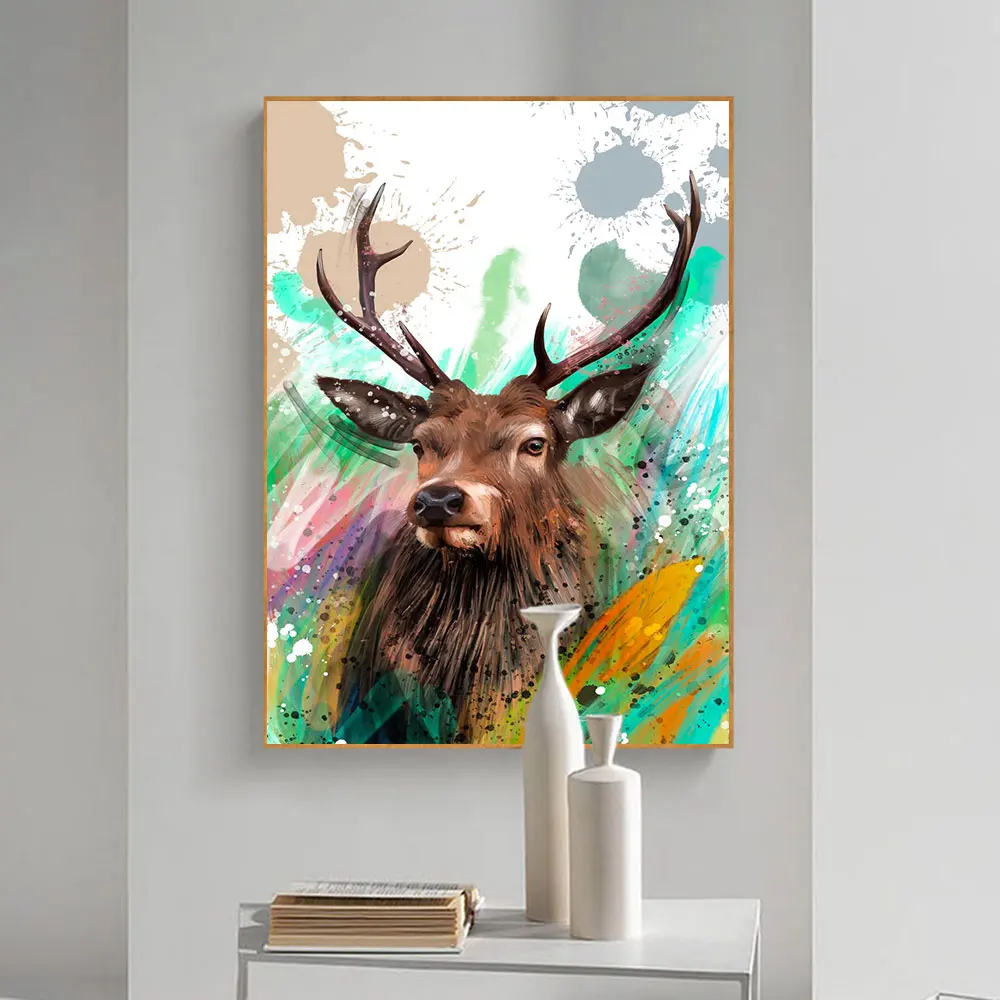 

Wlid Animal Canvas Paintings Deer Graffiti Posters and Modern Colorful Print Wall Art Pictures for Living Room Home Decoration