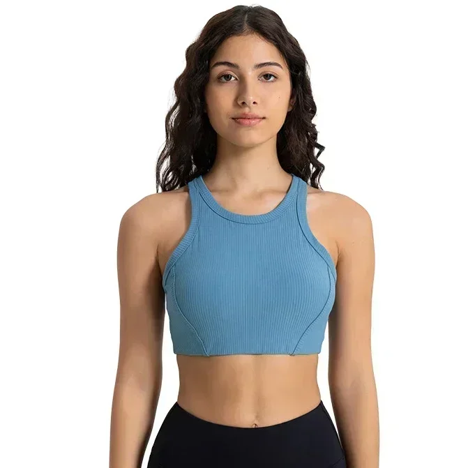 Lemon Logo Ribbed High-Neck Racerback Yoga Bra Buttery-soft Sweat-wicking Light Support Sports Bras With Removable Cups Tank Top