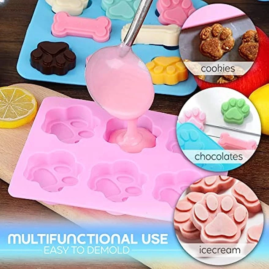 Pink and Blue Puppy Dog Paw and Bone Cake Mold Silicone Ice Cubes Chocolate Molds For Candy Crayons Non-Stick Baking Molds