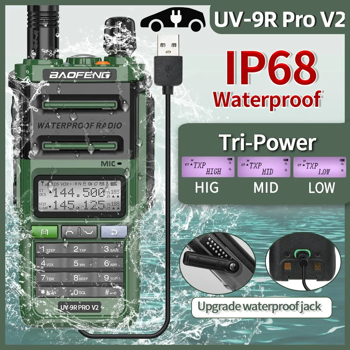 Baofeng UV 9R Pro impermeável Walkie Talkie, Dual Band Ham CB rádio, rádio em dois sentidos, Tri-Power Tipo-C carregador, V2, IP68