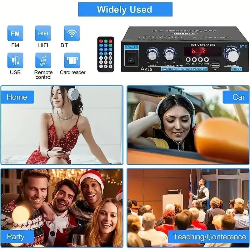 AK35 AK380 800W Home Power Amplifiers 2 Channel Bluetooth 5.0 Surround Sound FM USB Remote Control Mini HIFI Digital Amplifier