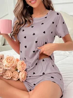2-Piece Women's Love Print Knit Fashionable Soft Short Sleeve and Shorts Sleepwear Set for Comfortable Home Wear 5