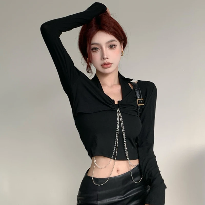 

Black White Lady Halter Long Sleeve T-shirt Y2k Girl Fake Two Pieces Metal Chains Short Tshirt Korean Hollow Pleated Crop Top