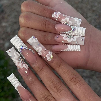 Elegant White Rhinestone Press-On Nails – Long Square UV Gel Nails for Weekend Trips & Celebrations -  GloreeWorld