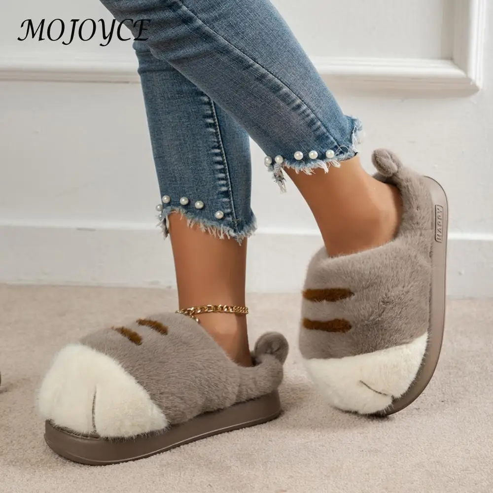 3D Cat Paw Plush Slippers Flat Thermal Slippers Comfortable Fluffy Home Slippers Furry Paw Couple Slippers for Indoor Bedroom 2