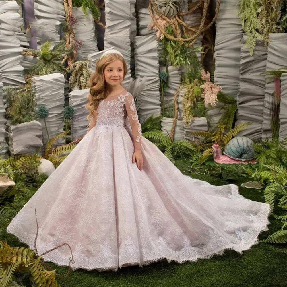 

Flower Girl Dresses Wedding Princess Gowns Lace Appqulies Long Sleeve Bridesmaid Formal Dress Event For The First Communion