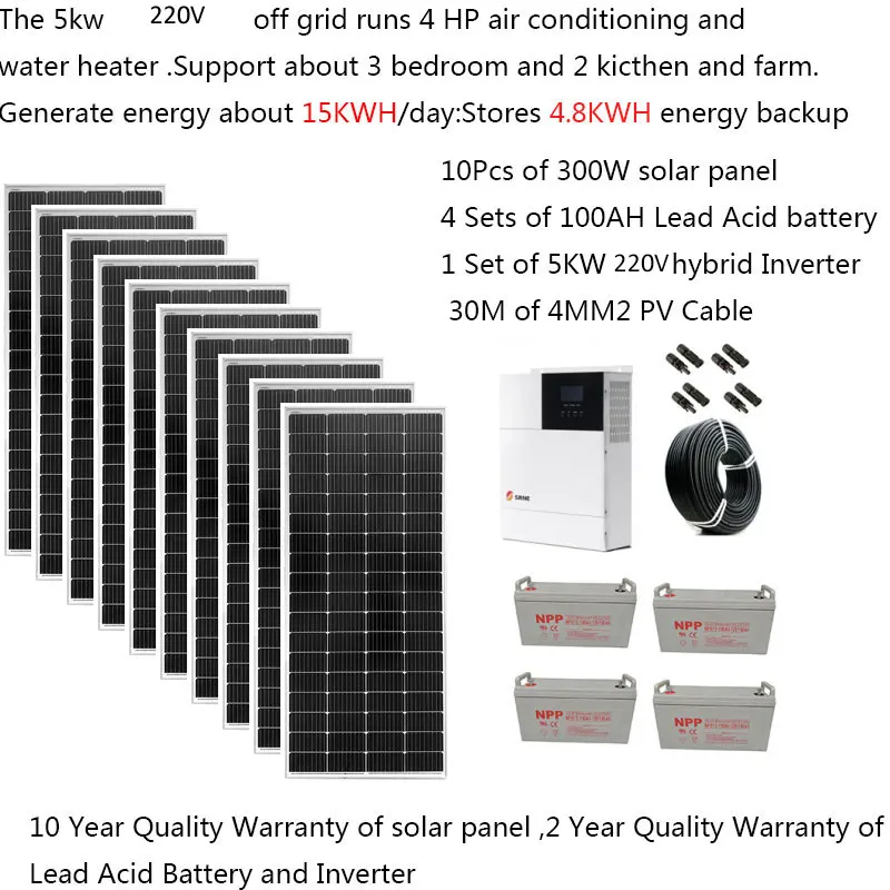 Kit Solar completo con batería, 5000W, 5kW, 220V, 110V, Panel Solar, 500W,  montaje a tierra fuera de la red, inversor híbrido de Growatt, Villa  doméstica - AliExpress