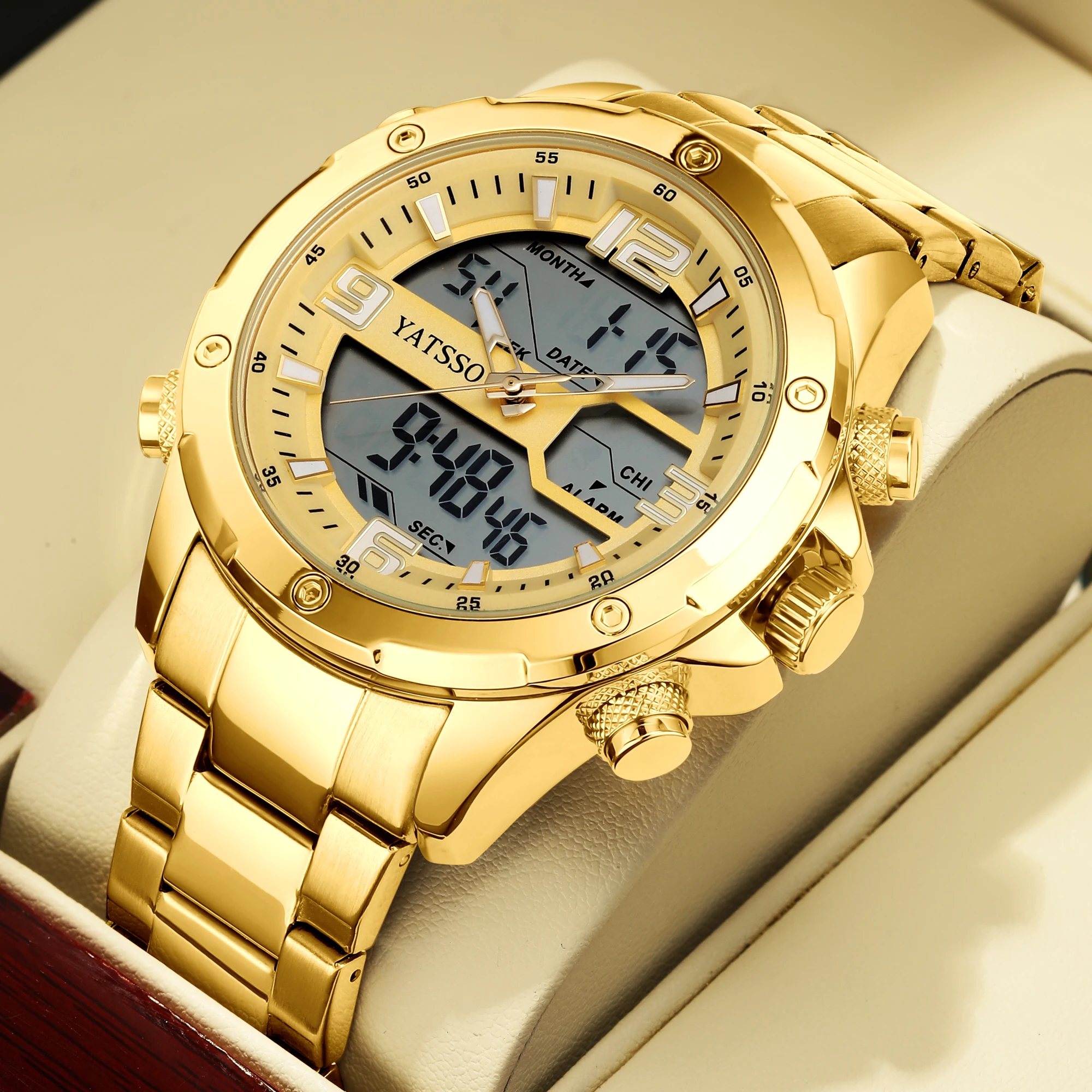 Men's Dual Movement Hybrid Watch - 45mm Alloy Case with Steel Band, Luminous Hands, Alarm, Date Display, and 5ATM Water Resistance