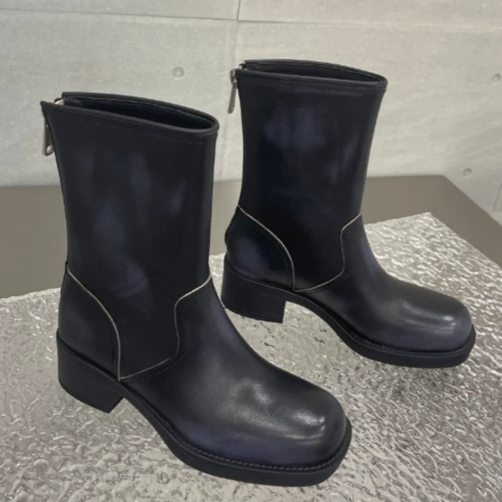Round Toe Zipper Women Boots Short Boots Mid Calf Thick  Heel Genuine Leather Solid Women Shoes Fashion Casual 2023 New Arrivals