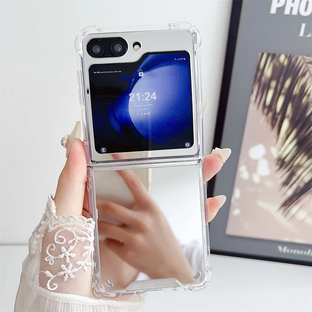 Chic Matte Black Folding Case with Makeup Mirror & Airbag Shockproof Protection