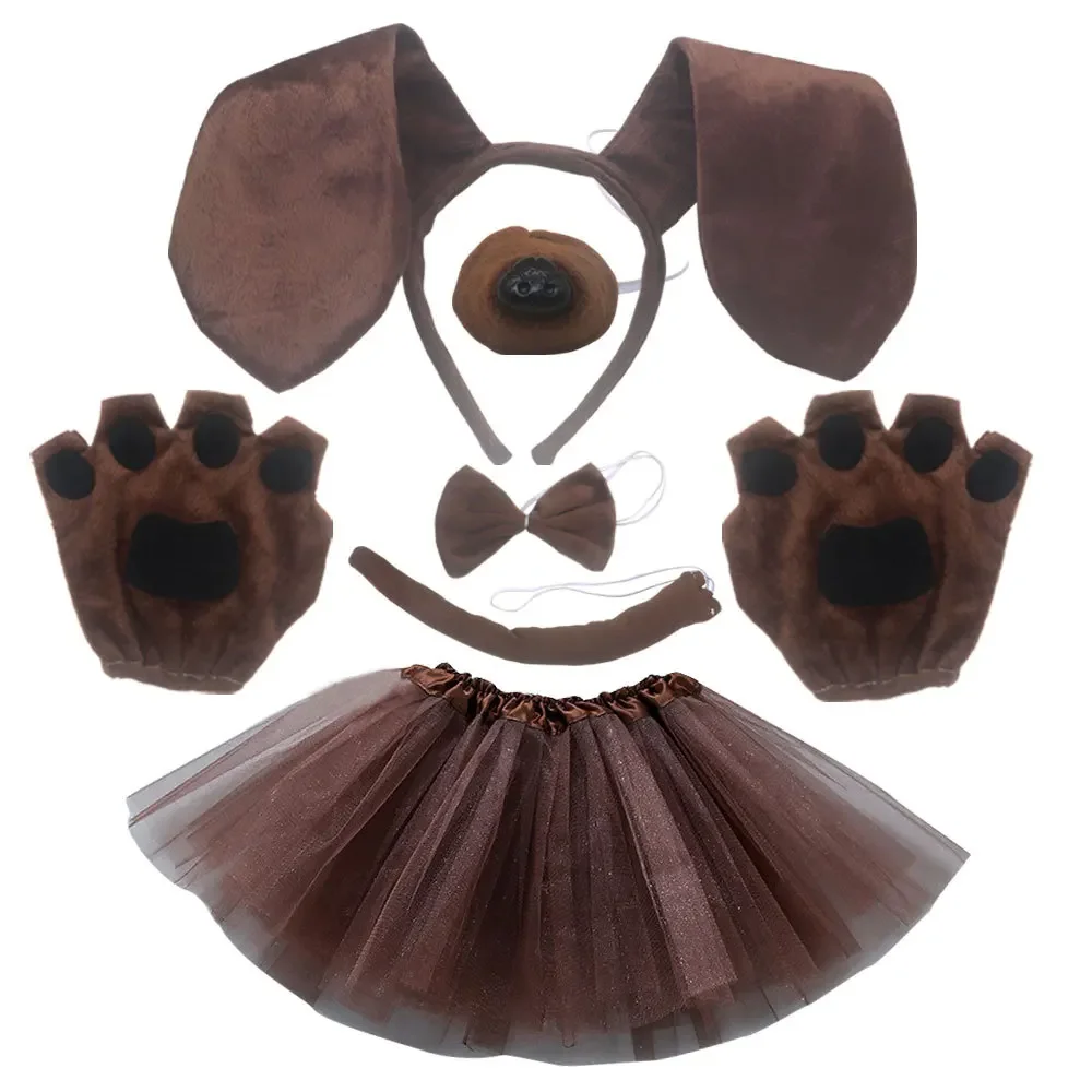 Red Brown Dalmatian Dog Ears Animal Headband Bowtie Tail Tutu Skirt for Kids Girl Birthday Party Gift Halloween Costume Cosplay