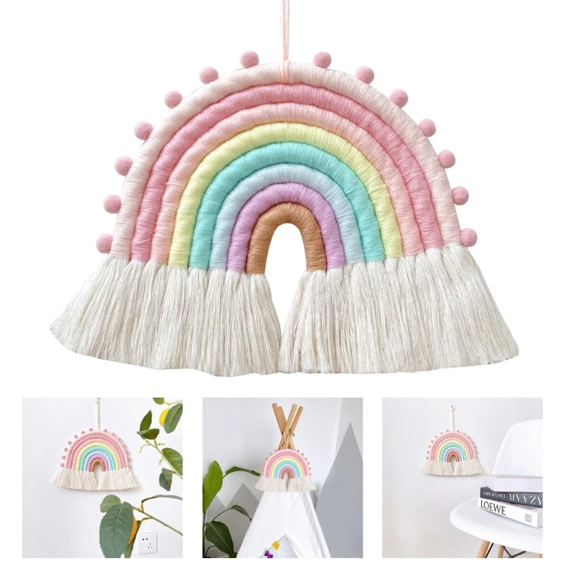 

Rainbow Wall Hanging Ornaments 8 Lines Macrame Tapestries Woven Rainbow with Tassels for Nursery Room Home Decorations