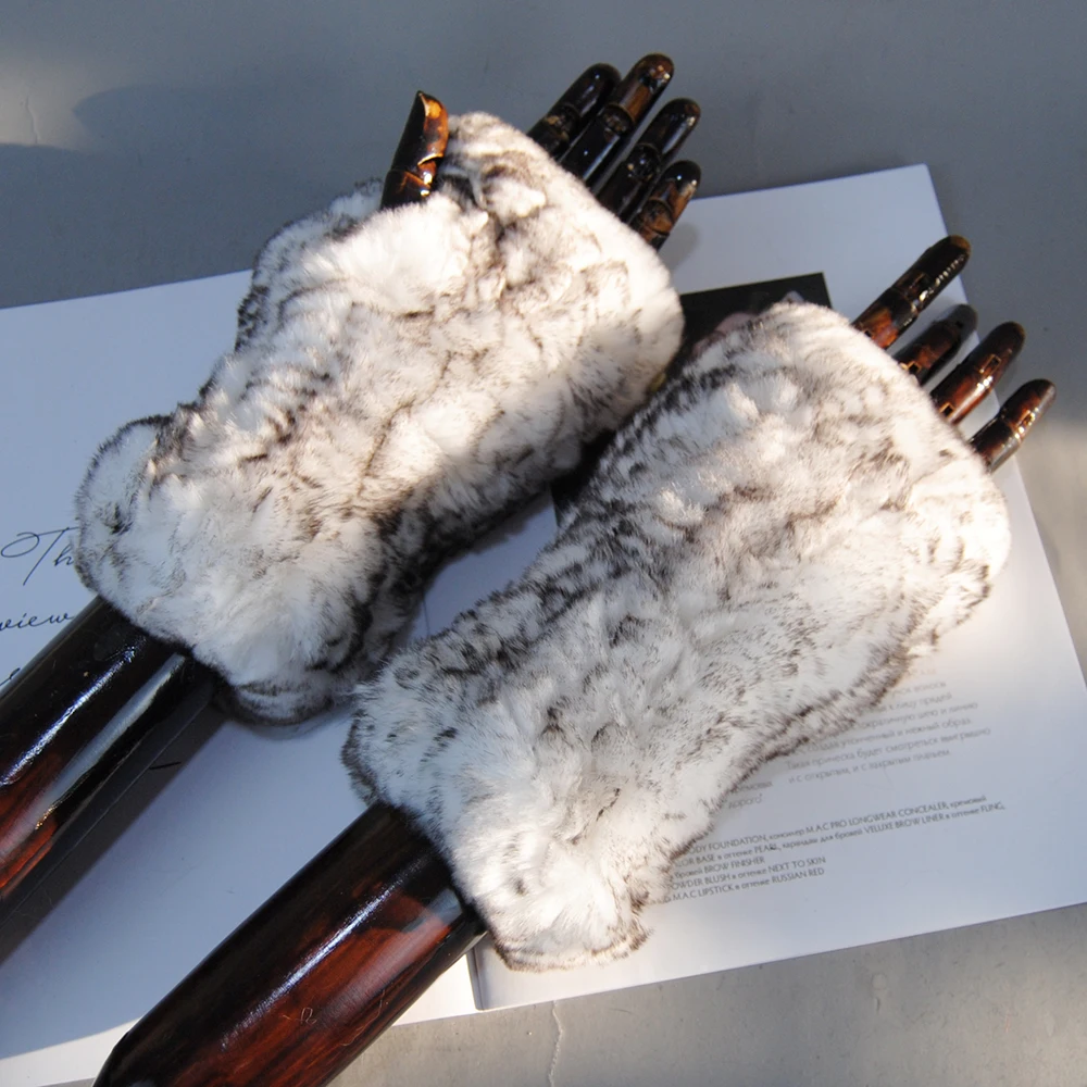 2025 Fashion Real Rex Rabbit Fur Women's Winter Gloves Genuine Fur Mittens Girl Fingerless Gloves Wrist Warmer Elastic Fluffy plush gloves
