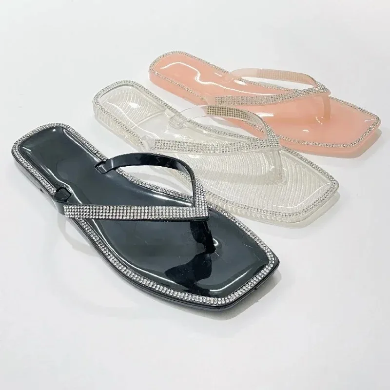 New Summer Square Toe Rhinestone Flip-flops Women's Slippers Fashion Flat Transparent Jelly Shoes Outdoor Casual Beach Slides