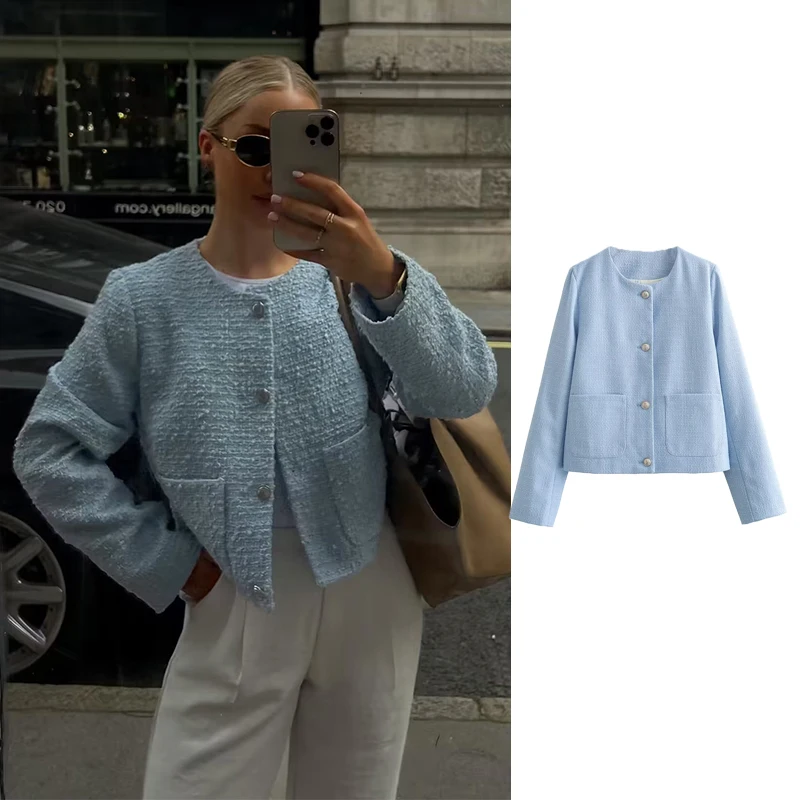 

TRAF Women Tweed Jacket 2023 Autumn Pocket Short Coats Long Sleeve Jackets for Women Clothing Casual Female Outerwear Chic Tops