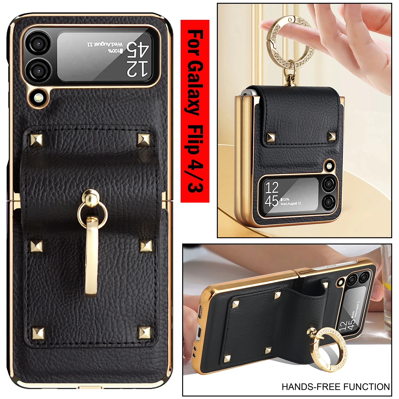 

Luxury Leather Plating Cover for Samsung Z Flip 4 Hinge Protective Case for Samsung Galaxy Z Flip 3 4 Metal Ring Holder Case