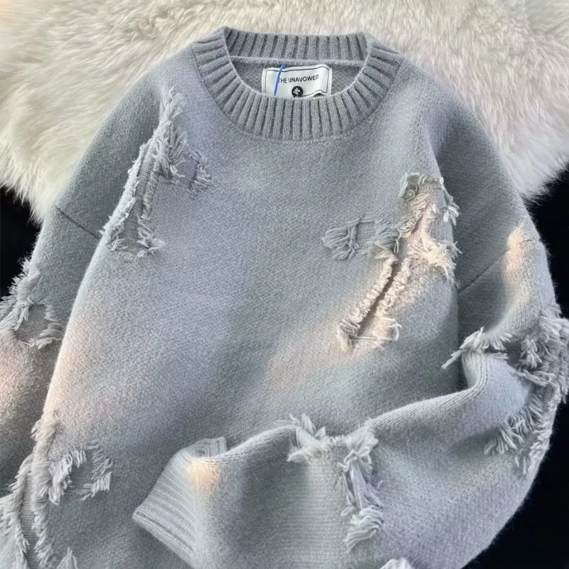 

Autumn Y2k Streetwear Men Women New Retro Hole Fringed Sweater Loose Versatile Sweater Korean Fashion Long Sleeve Baggy Sweater