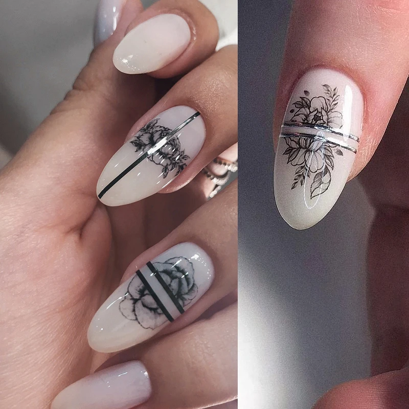 12patterns Black Flower Slider Nail Sticker Flower Water Transfer Decals Nail Art Tattoo Summer Salon Tips Accessories