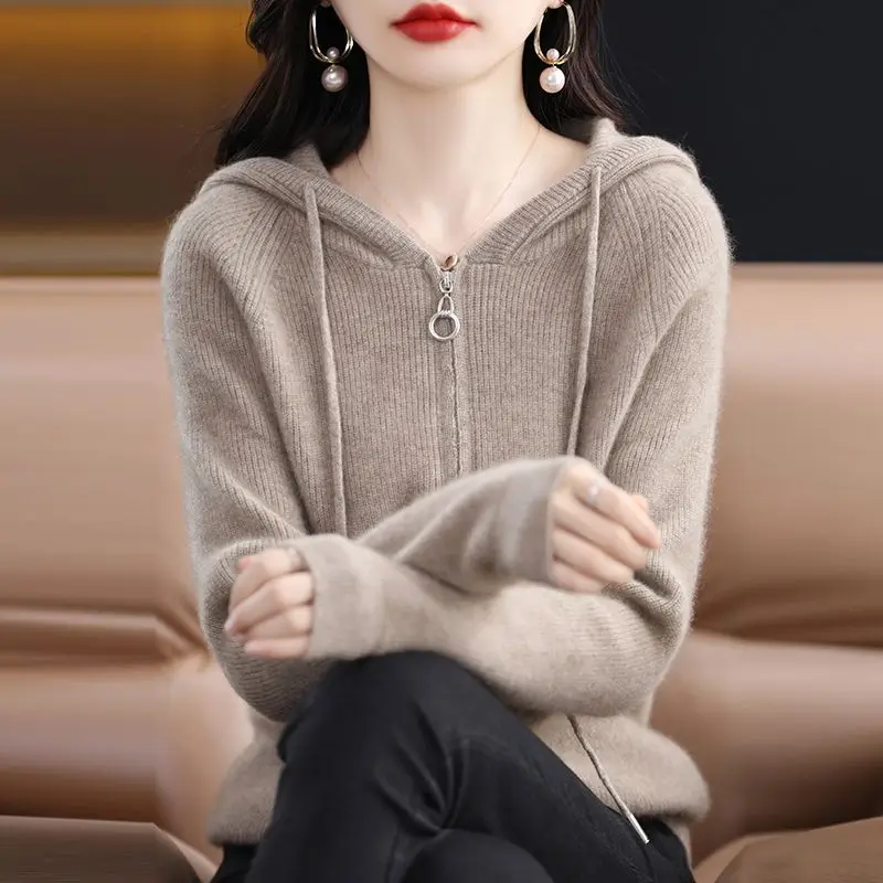 

Fashion Woman Blouses 2023 Knitted Hooded Long Sleeve Commuter Vintage Casual All-match Solid Color Zipper Sweaters Cardigan