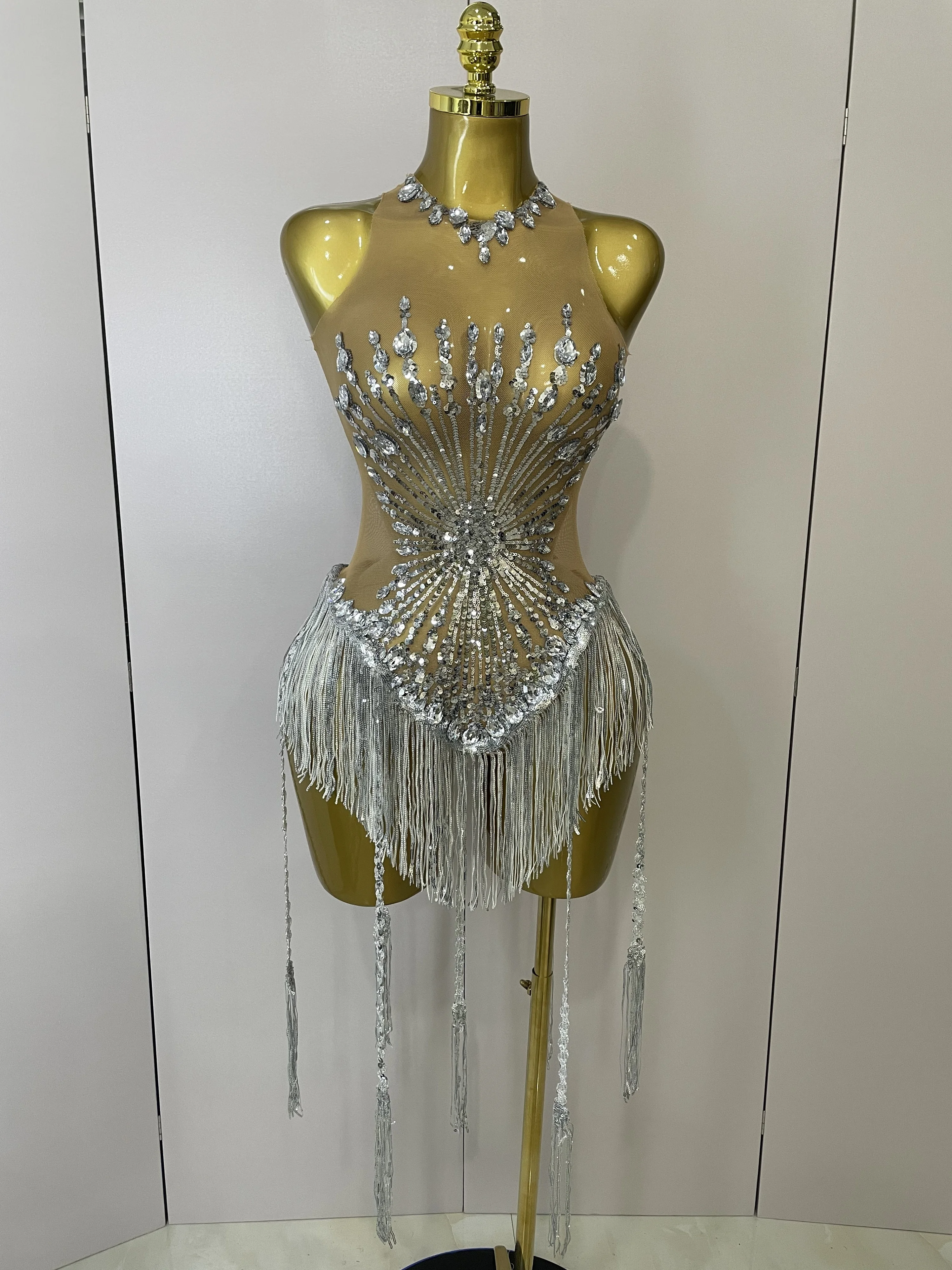 779952-437d8f.jpg STOCK Sliver Sequins Shining Diamonds Sexy Mesh Long Tassel Bodysuit Women Nightclub Party Birthday Stage Performance Costume - Image 1