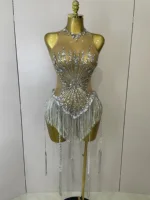 STOCK Sliver Sequins Shining Diamonds Sexy Mesh Long Tassel Bodysuit Women Nightclub Party Birthday Stage Performance Costume