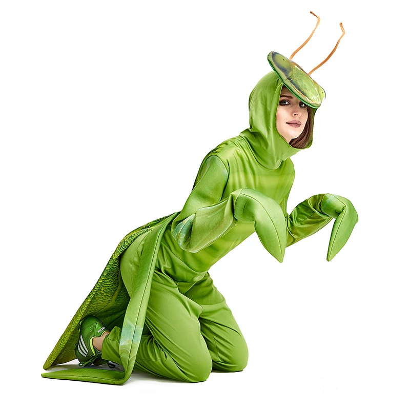 

Fantasia Purim Halloween Costumes Unisex Men Women Praying Mantis Costume Green Insect Performance Suit