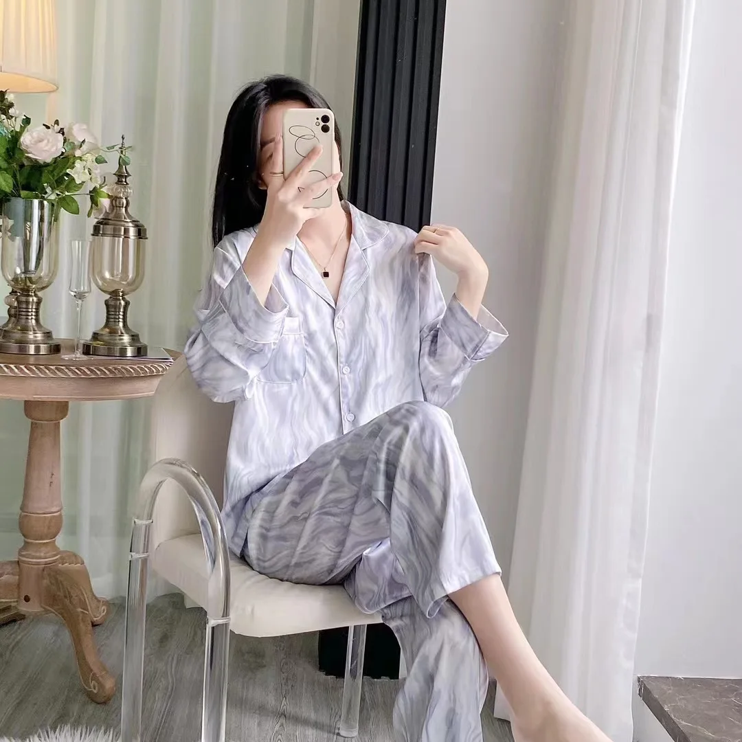 New style pajamas, women's long sleeved pants, ink wash high-end feeling, light luxury, ice and snow silk home clothing
