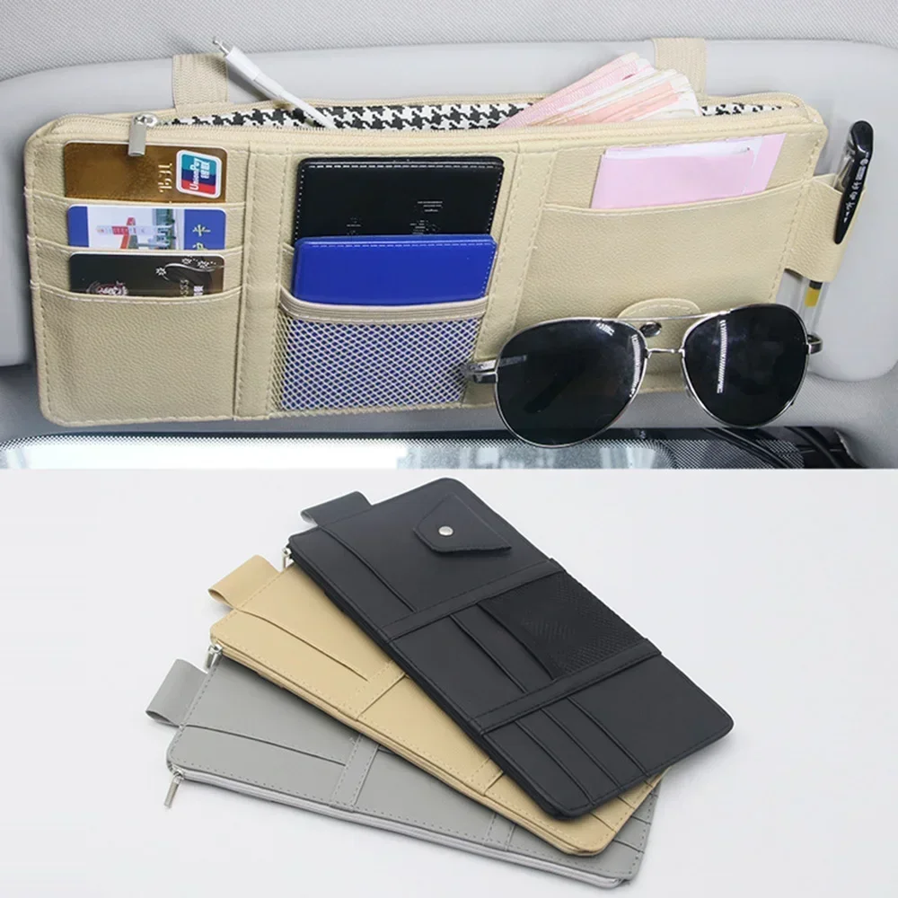 Car Sun Visor Organizer Storage Travel Document Holder With Multi-Pocket PU Leather Cards Receipts Pouch With Zip