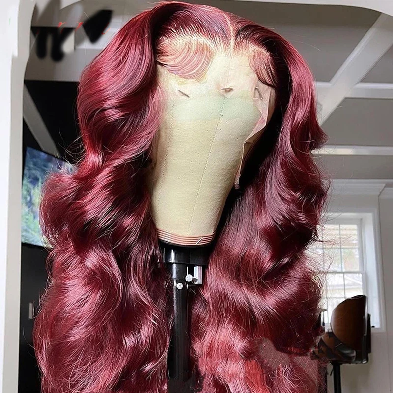 

Preplucked 26 Inch Long 180%Density Glueless Burgundy Deep Wave Lace Front Wig With BabyHair Heat Temperature Daily Cosplay Wig