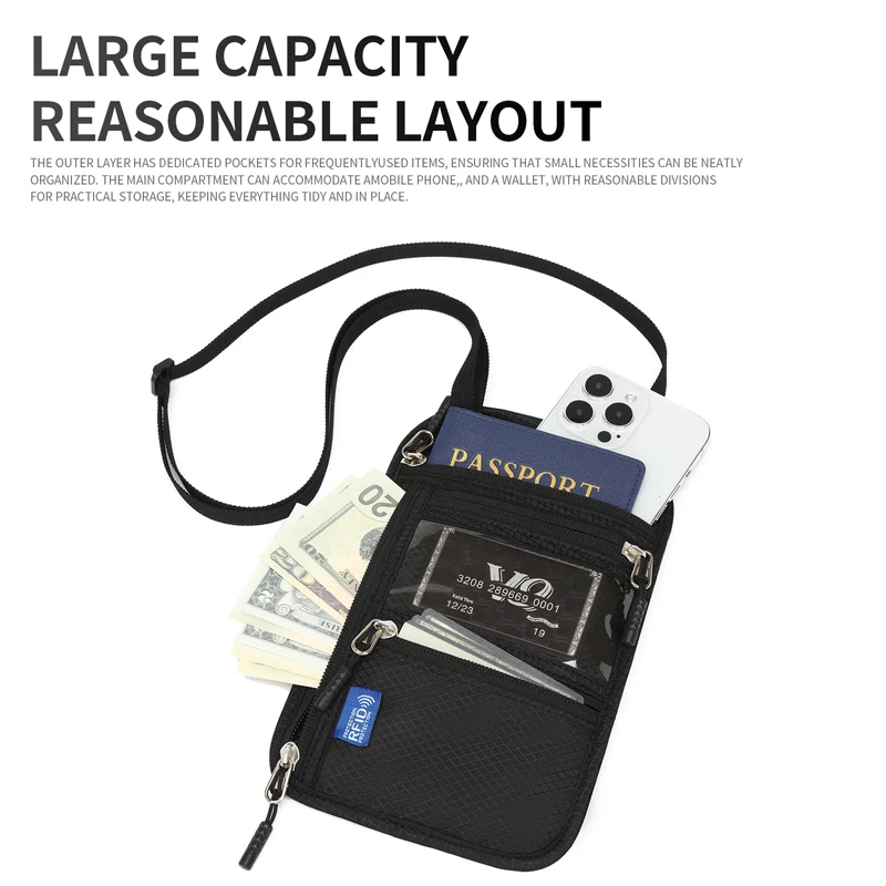 RFID Blocking Waterproof Neck Wallet - Lightweight Anti-Theft Travel Passport Holder & Hidden Document Pouch