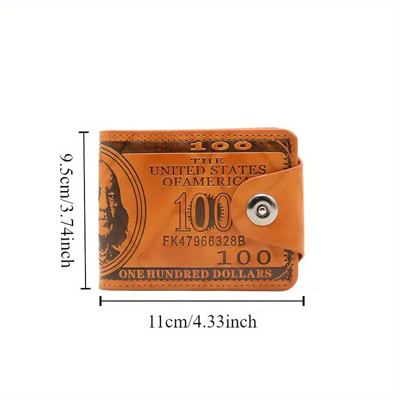 Men's Faux Leather Wallet with Unique US Dollar Bill Design - Stylish Orange Snap Closure, Credit Card & Photo Holder