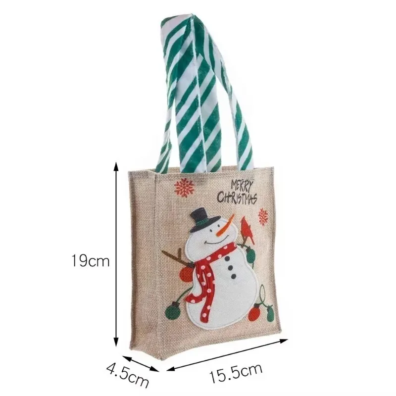 1-10PCS Christmas Burlap Gift Bags Santa Snowman Design Handheld Candy Bags for Holiday Party Favor Supplies and Decorations 5