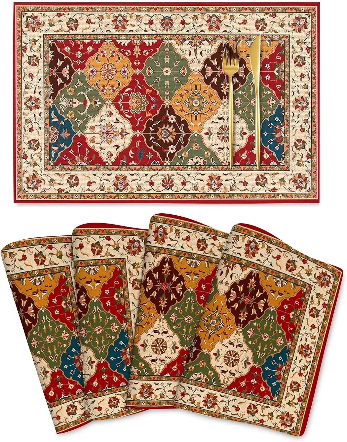 

Turkish Tribal Texture Placemats Set of 4 Linen Place Mats 12x18in Christmas Decor Table Mat Washable Non Slip Heat Resistant