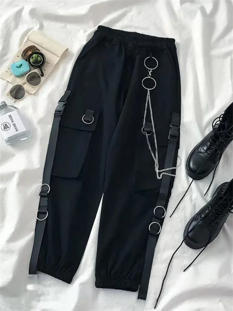 QWEEK Harajuku Techwear Cargo Pants Women Hip Hop Gothic Oversized Chain  Wide Leg Trousers Female Punk Sweatpants Streetwear