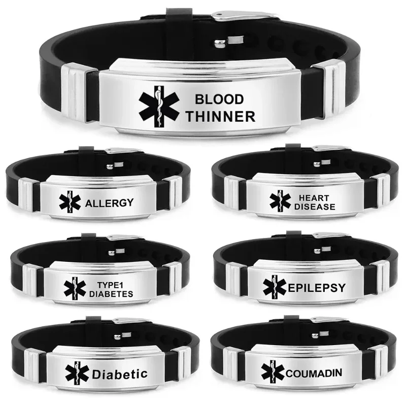 Diabetic Silicone Bracelets Customized DIY Alert ID Bracelet  Adjustable Length ICE Wristband for Men Woman Kids medical alert engraved leather bracelets free customize stainless steel id tag diabetic epilepsy sos wristband for men jewelry