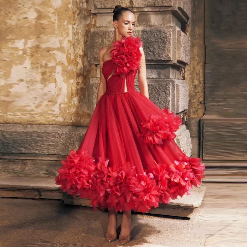 

2023 Couture Dark Red Prom Party Dresses One Shoulder 3D Organza Appliques Formal Occasion Dresses vestidos de graduación Custom
